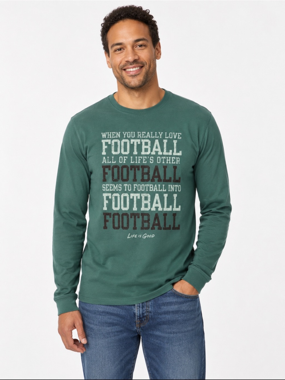 Life Is Good Football Long Sleeve Graphic Tee Green Men’s XL 100% Cotton NWT